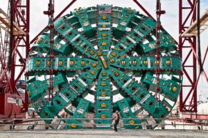 Bertha's 57.5-foot-diameter cutterhead, pictured before it was lowered into the ground. (Photo: WSDOT Flickr.)