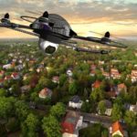 drone quadrocopter with camera in flight over over suburban Houses