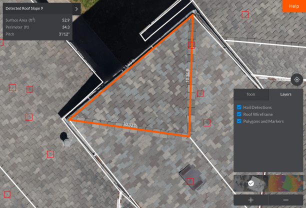 Roof Inspection Detail with Dimensions and Hail Damage