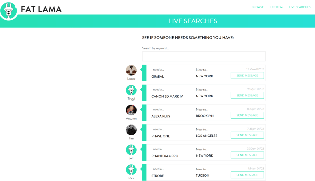 Live search on fat lama peer to peer renting