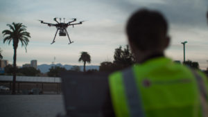 A drone inspecting power lines