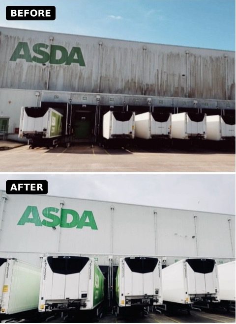Before-and-after photographs of an ASDA warehouse exterior cleaned using an Apellix commercial cleaning drone operated by Drone Clean UK.