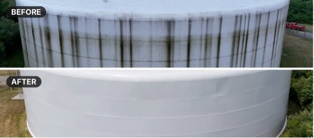 Before-and-after photographs of a municipal storage tank exterior cleaned using an Apellix commercial cleaning drone operated by VM Softwash.
