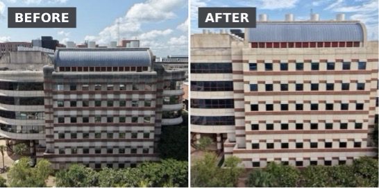 Before-and-after photographs of a University of Florida exterior cleaned using an Apellix commercial cleaning drone operated by Drone Shine Cleaning.