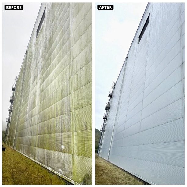 Before-and-after photographs of a UK warehouse exterior cleaned using an Apellix commercial cleaning drone operated by Drone Clean UK.