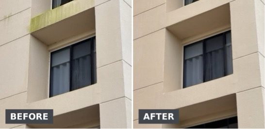 Before-and-after photographs of Florida hotel window ledges cleaned using an Apellix commercial cleaning drone operated by Drone Shine Cleaning.