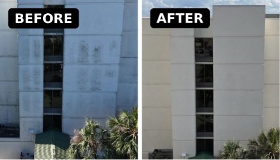 Before-and-after photographs of an Orlando office building exterior cleaned using an Apellix commercial cleaning drone operated by Wash Me Fly.