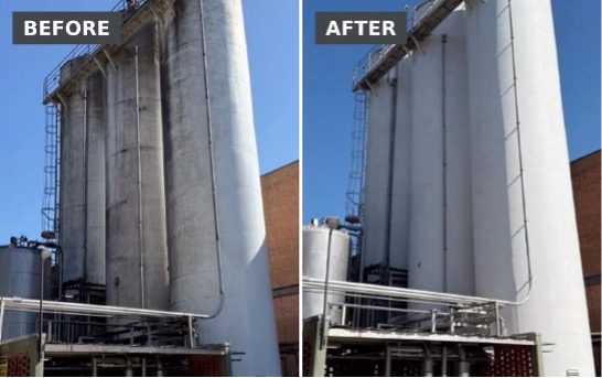 Before-and-after photographs of Bimbo Bakeries silo exterior cleaned using an Apellix commercial cleaning drone operated by Drone Clean Argentina.