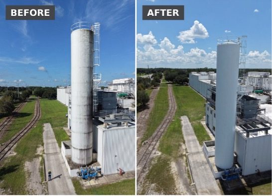 Before-and-after photographs of a Florida silo exterior cleaned using an Apellix commercial cleaning drone operated by Drone Shine Cleaning.