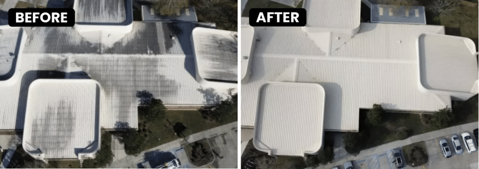 drone cleaning,Before-and-after photographs of a metal roof cleaned using an Apellix commercial cleaning drone operated by AI Windows.