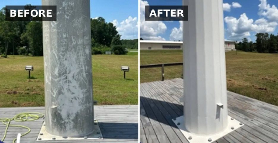 Before-and-after photographs of a 112-foot cross at Christian Fellowship in Leesville, Louisiana cleaned using an Apellix commercial cleaning drone operated by Flywash Drones.