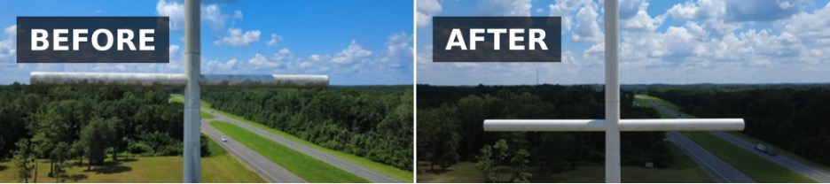 Before-and-after photographs of a 112-foot cross at Christian Fellowship in Leesville, Louisiana cleaned using an Apellix commercial cleaning drone operated by Flywash Drones.