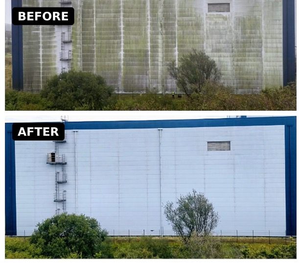 Before-and-after photographs of a UK warehouse exterior cleaned using an Apellix commercial cleaning drone operated by Drone Clean UK.