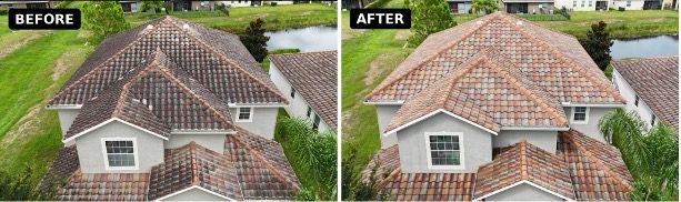 Before-and-after photographs of tile roofs in Orlando Florida cleaned using an Apellix commercial cleaning drone operated by Wash Me Fly.