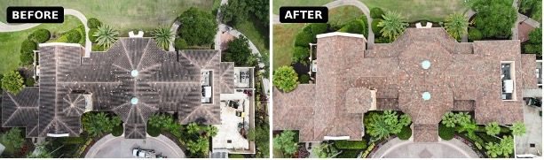 Before-and-after photographs of tile roofs in Orlando Florida cleaned using an Apellix commercial cleaning drone operated by Wash Me Fly.