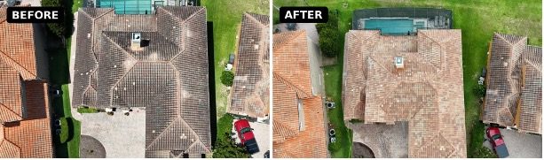 Before-and-after photographs of tile roofs in Orlando Florida cleaned using an Apellix commercial cleaning drone operated by Wash Me Fly.