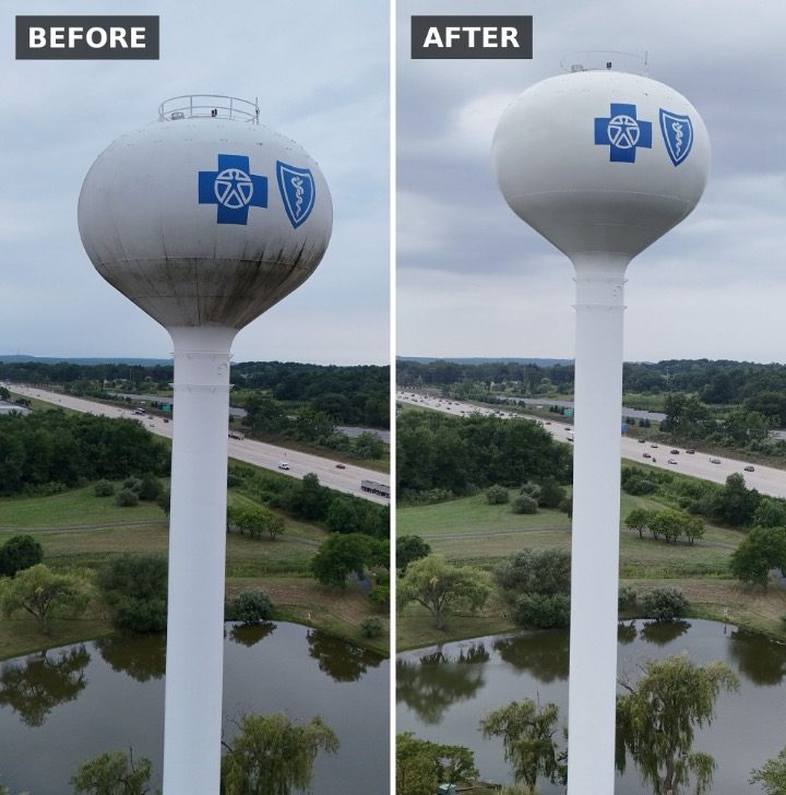 Before-and-after photographs of a water tower exterior cleaned using an Apellix commercial cleaning drone operated by VM Softwash.