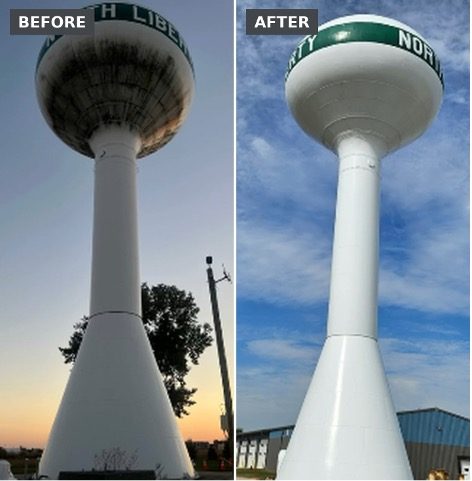 Before-and-after photographs of a water tower exterior cleaned using an Apellix commercial cleaning drone.