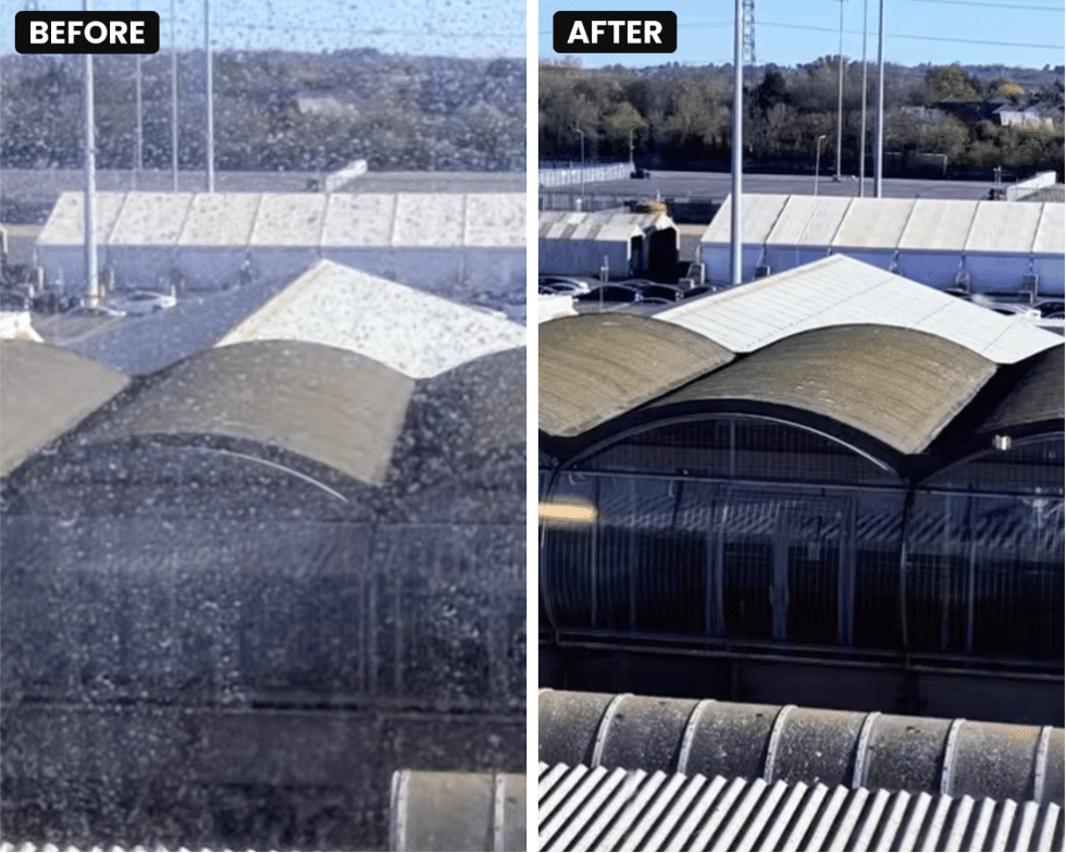 Before-and-after photographs windows of the Aurora cruise ship cleaned using an Apellix commercial cleaning drone operated by Drone Clean UK.